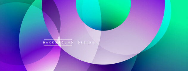 Abstract colorful shapes overlap creating dynamic visual effect. Gradient hues blend, forming modern background design. Smooth curves dominate composition.