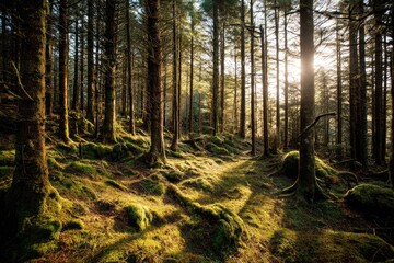 Obraz premium Sunlit forest floor, mossy trees