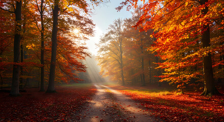 Obraz premium Stunning Autumn Forest Path: Fall Foliage Wallpaper
