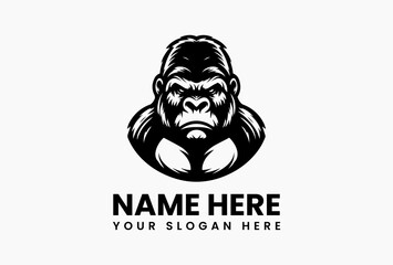 Cartoon gorilla vector logo featuring powerful pose and friendly expression in bold black and white design, representing strength, agility, and wild charm  