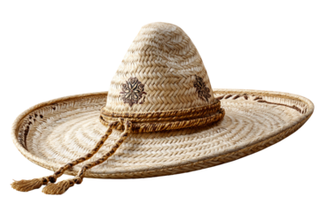 Traditional wide-brimmed sombrero hat with decorative braided details. Png, Isolated on background.
