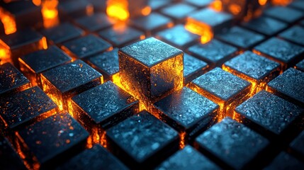 Glowing cube grid with vibrant light beneath surfaces