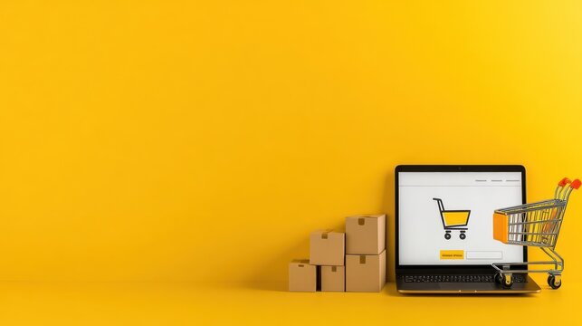 Online shopping e commerce laptop boxes yellow background