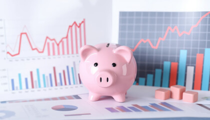 Pink Piggy Bank with Financial Charts and Graphs for Savings and Budgeting Concepts in a Modern Office Environment