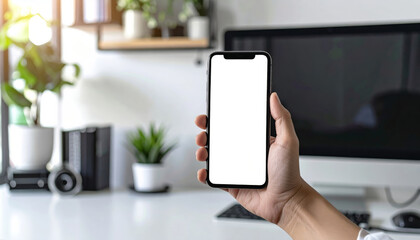 hand holding smartphone with blank white screen is displayed front of modern desk setup featuring plants and computer. This minimalistic home office setup creates serene and productive atmosphere