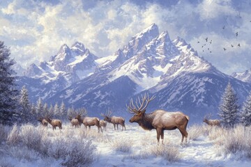 Obraz premium Elk Mountains. Wildlife Scene: Herd of Elk Grazing with Snowy Grand Teton National Park Backdrop