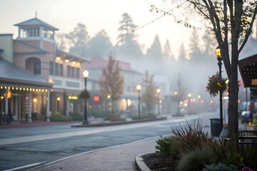 Obraz premium Misty morning street scene downtown area photo calm environment blurred background effect