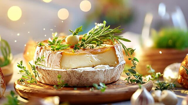 Savory baked brie with herbs and garlic on rustic wooden board.