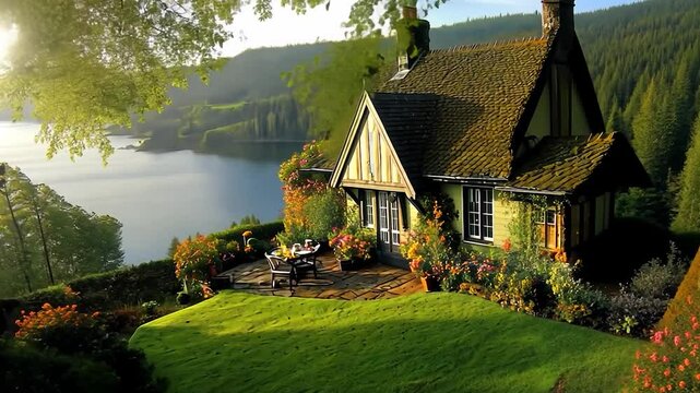 Scenic hillside cottage overlooking lake.