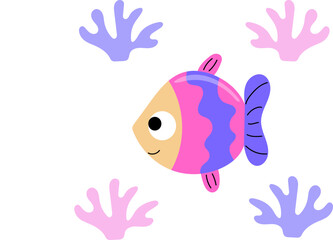Purple tropical fish with corals. Exotic fish with cute face