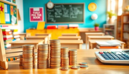 Bright classroom, colorful books, stacked coins, abacus, calculator,  investment,  books