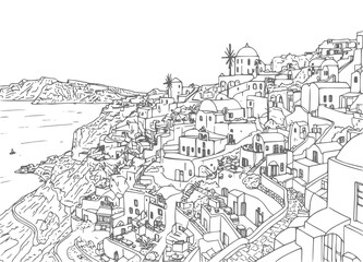 Santorini landscape coloring page drawing illustration for adult