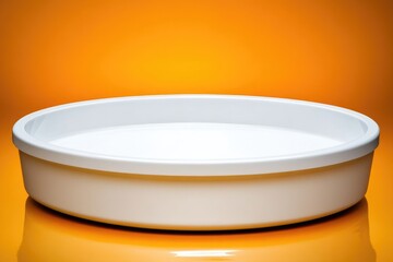 Empty white circular dish on orange background