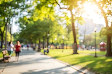 Blur background park scene people walking nature sunlit greenery outdoor activity