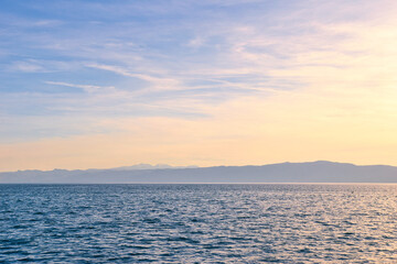 Lake Ohrid, North Macedonia, April 13 2024. Mountain range and peninsula in distance. Ohrid Lake,...