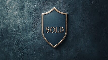 A shield-shaped plaque with the word "SOLD" displayed on a textured dark blue background.