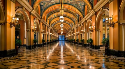 Grand, ornate hallway with arched ceilings and decorative details