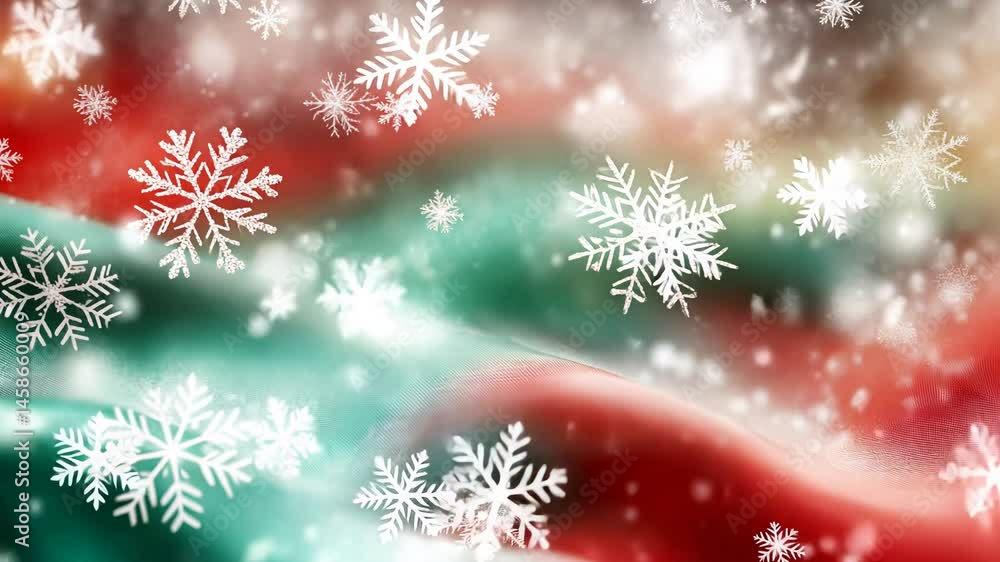 Poster festive winter snowflakes on blurred red and green background with sparkling bokeh effect.