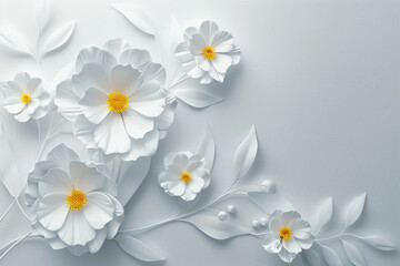 Fresh White 3D Flowers with Copy Space on Grey Background – Elegant Floral Design
