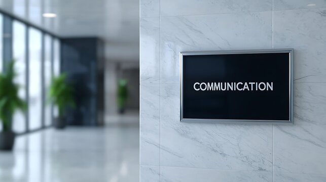 A sleek office hallway with a modern "COMMUNICATION" sign mounted on a marble wall, featuring blurred plants in the background.