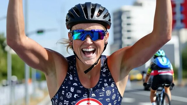 A Triathlete Crossing The Finish Line, Arms Raised In Pure Joy And Exhaustion.