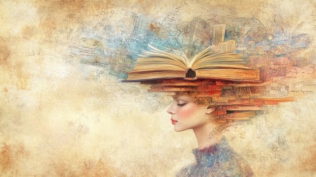 The Bookish Muse: A Surreal Portrait of a Woman Adorned with Books