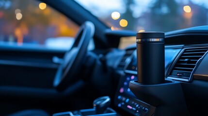 Modern travel companion: Black tumbler in car cup holder during twilight drive