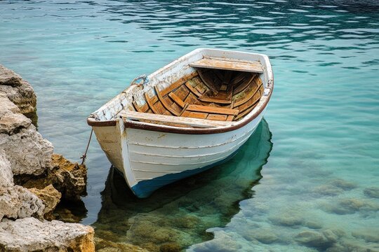 Tranquil scene of a weathered small boat moored near rocks in crystal clear water