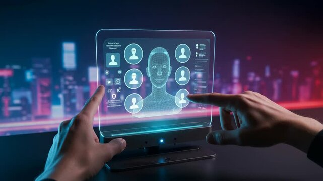 Futuristic Holographic Interface - Two hands interact with a transparent holographic display showcasing a 3D wireframe model of a person's face and various interface elements. The background features