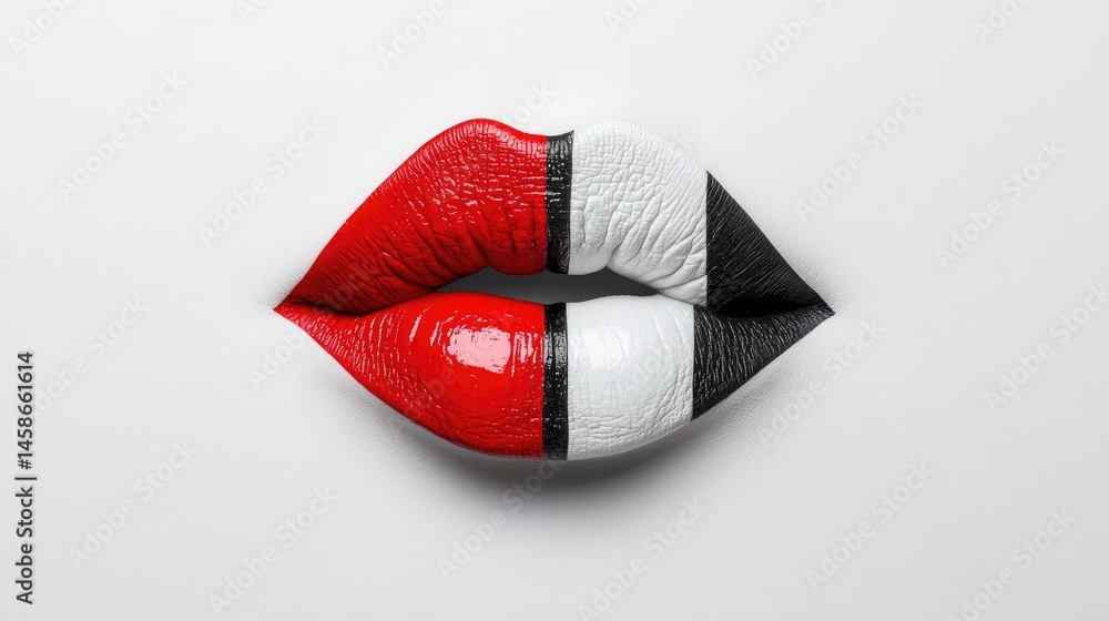 Poster dual-tone lips layered with sharp building outlines, minimal and dramatic
