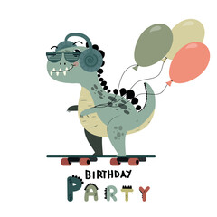 Cartoon cute monster dinosaur freestyle skate vector.Dinosaur loves music