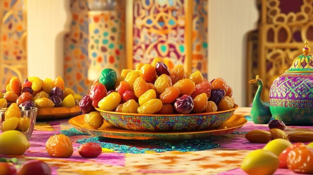Colorful candied fruits in ornate bowl