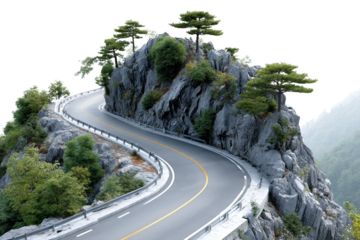 Winding road through rocky terrain, surrounded by trees and water in a scenic landscape. Png, Isolated on background.