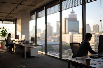Blurred background business activity in modern office urban setting daylight viewpoint