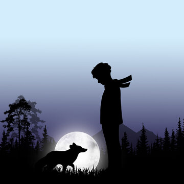 Young boy with wild fox and the moon in the background. Silhouette art