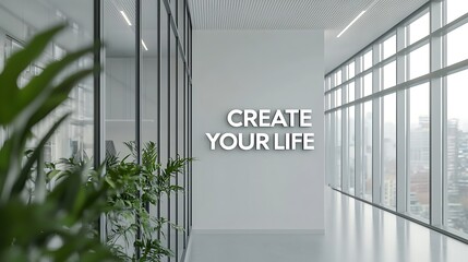 Modern office hallway with "CREATE YOUR LIFE" motivational quote on a wall, natural light, glass walls, and green plants.
