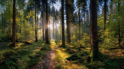 Sunbeams shining through panoramic forest landscape with tall trees