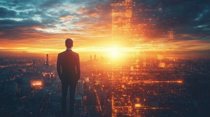 Fototapeta premium Business professional overlooking city skyline at sunset with futuristic elements