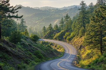 Fototapeta premium Serene Winding Mountain Road Through Lush Forested Hills Under Soft Morning Light in Scenic Countryside Landscape