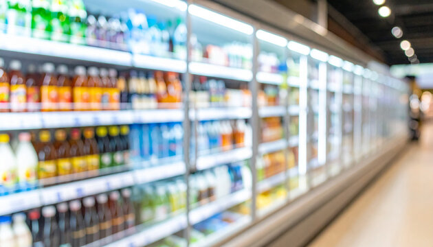 Blurred background of supermarket fridge with bottles of beverages on shelves. Glass showcase.