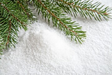 Fake Snow. Christmas White Snow Background with Fir Tree for Winter Holiday Season
