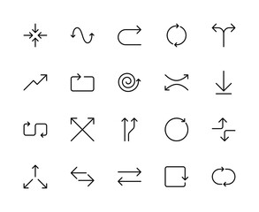 Arrows related vector linear icons set. Contains such icons as arrows, diagonal, curved, round, refresh and more.