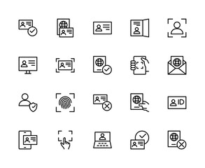 ID card related vector linear icons set. Contains such icons as verification, identity, document, ID card, passport, scan and more.