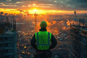 Fototapeta premium Construction Worker Overlooking Urban Skyline at Sunset with Vibrant Sky and Cityscape in Background