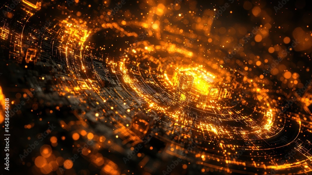 Poster glowing orange circuit board with bokeh effect
