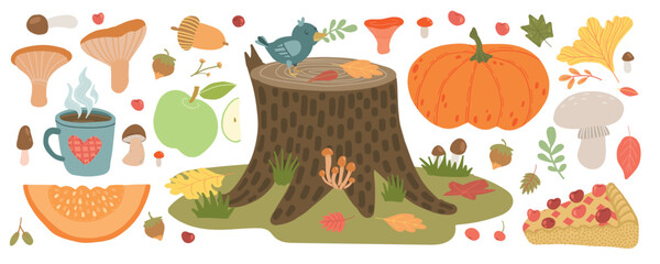 Autumn harvest scene with pumpkin, apple, stump, acorn, mushrooms, and cozy coffee cup, perfect for seasonal designs and rustic woodland vibes.