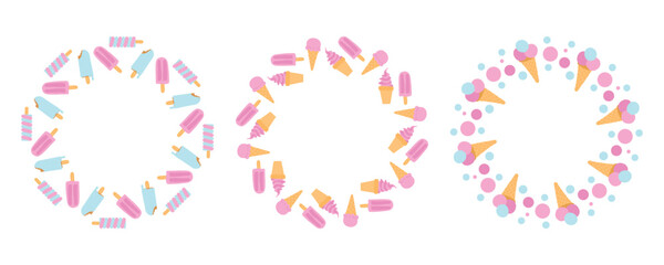 Pastel ice cream and popsicle wreaths in pink and blue shades create a bright, fun summer pattern ideal for party invitations and frozen dessert themes.