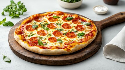 Delicious pepperoni pizza topped with fresh basil on a wooden cutting board.