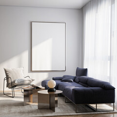 Fototapeta na wymiar Frame mockup, ISO A paper size. Living room wall poster mockup. Interior mockup with house background. Modern interior design. 3D render 