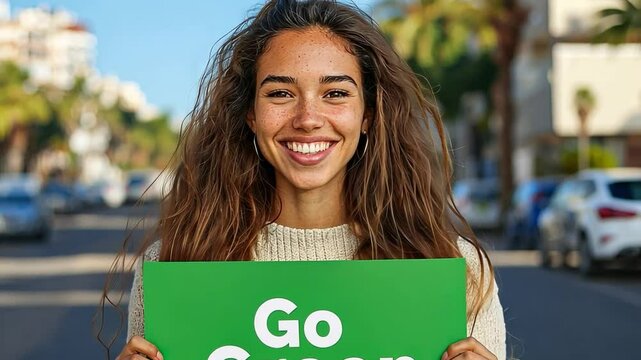 A Young Woman Holding A Go Green Sign, Advocating For Eco-Friendly Choices.